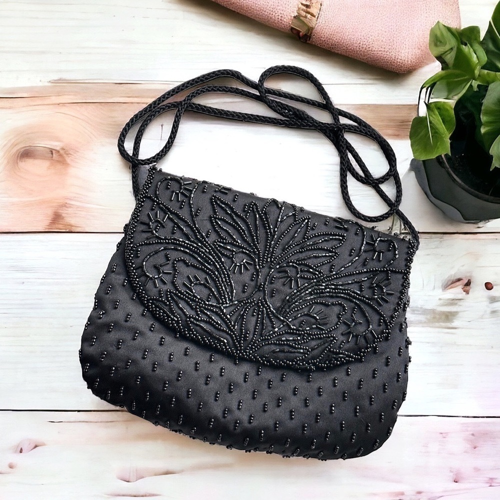 Nwot Jenny Buchanan Black Beaded Evening Crossbody Clutch Bag